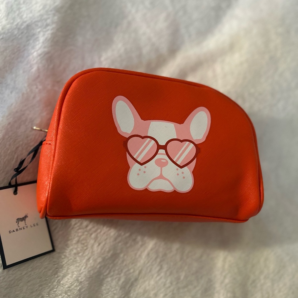 Dabney Lee Vibrant Orange make up bag with Frenchie dog in white and pink